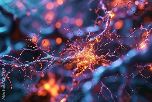 Abstract illustration of brain cells transmitting impulse and glowing bright orange on a dark blurred background photo