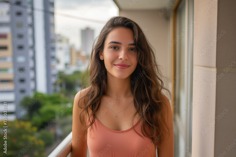 Smiling young brazilian woman with wavy hair on a balcony with a cityscape backdrop, wearing a salmon tank top. Smiling young brazilian woman with wavy hair on a balcony with a cityscape backdrop, wearing a salmon tank top.