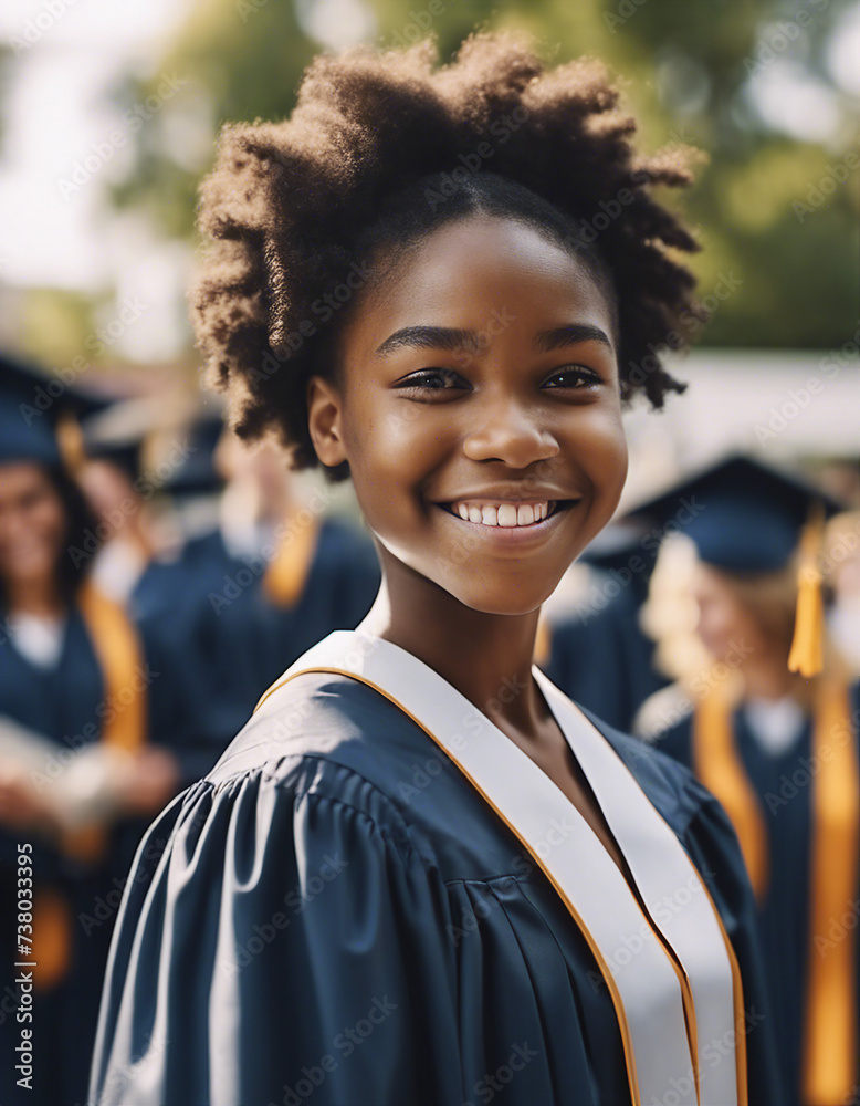 Fototapeta premium college graduation portrait of young Afro American girl with sincere smile, celebrations in the background 