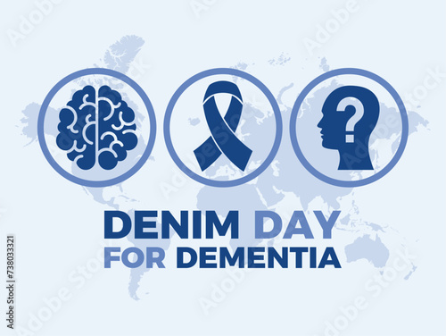 Denim Day for Dementia poster vector illustration. Human brain, head and awareness ribbon blue icon set. Mental health symbol. Person with Alzheimer's disease symbol. Important day