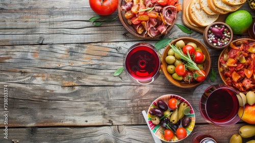 spanish tapas and sangria on wooden table, top view photo
