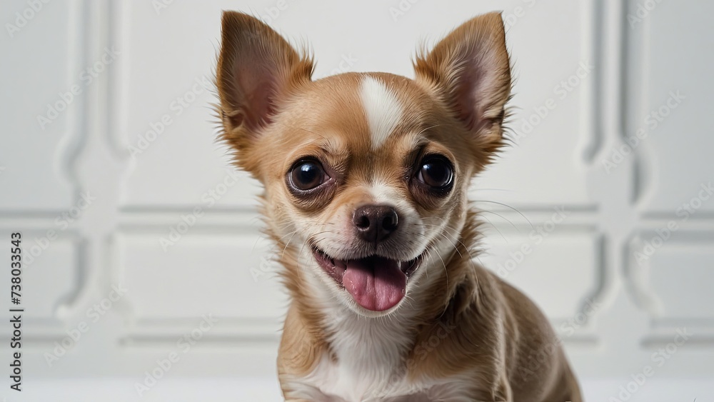 Primer plano de perro chihuahua, con la lengua de fuera, sobre fondo blanco 