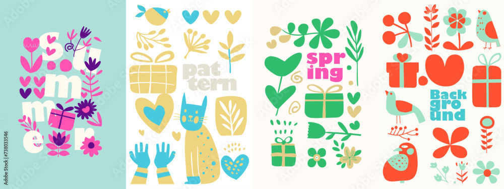 Hello spring. Vector illustrations in a naive style, this set encapsulates the essence of spring and summer with its playful and heartwarming elements. The graphics are a celebration of the seasons.