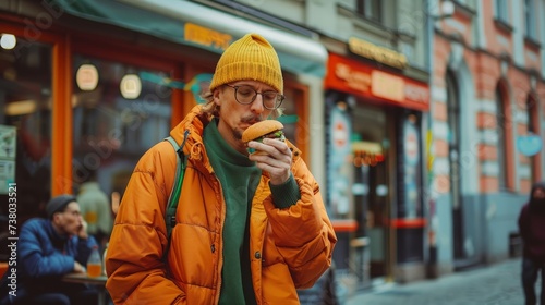 Stylish caucasian man in orange jacket, green sweater and yellow hat eats burger on city street of Wroclaw, Poland