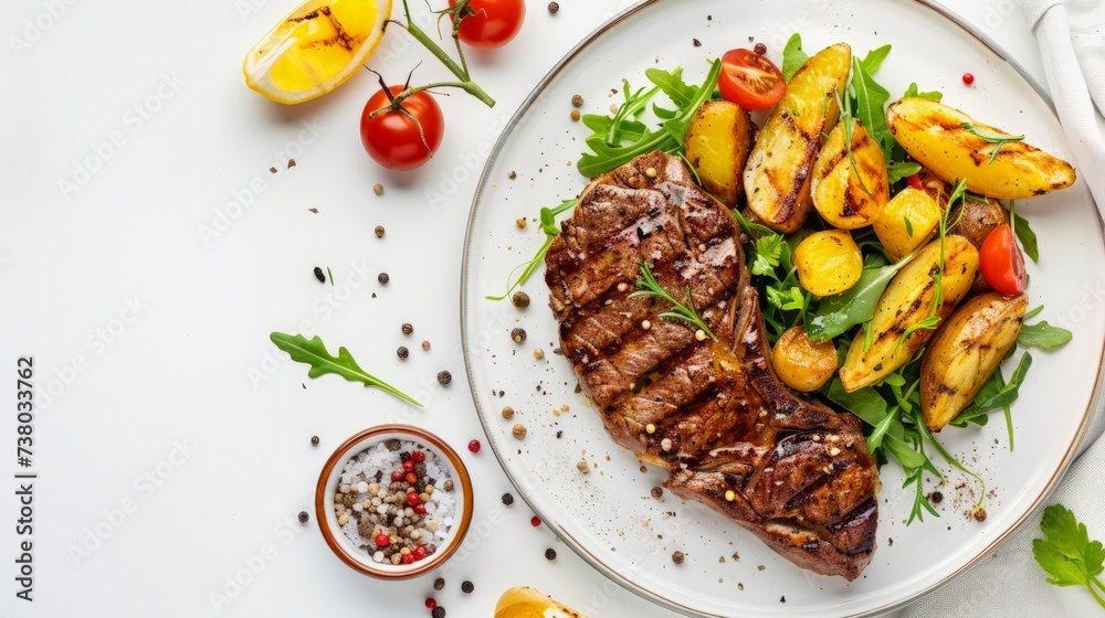 Top view of delicious grilled beef steak and rustic potatoes wedges with vegetable salad served on plate on white background Top view of delicious grilled beef steak and rustic potatoes wedges with vegetable salad served on plate on white background