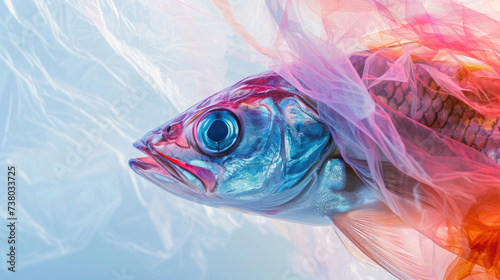 close-up  fish head in a bag  plastic in a polluted sea  harm to marine life