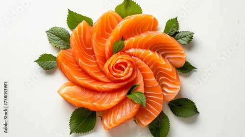 Top view of salmon sashimi serve on flower shape isolated on white background with working path