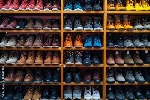 A wall with shoes inside the store. There are many different shoes on the shelves