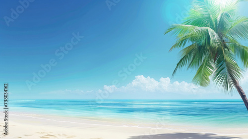 empty long sandy beach of the ocean  lonely palm tree  sunbeam
