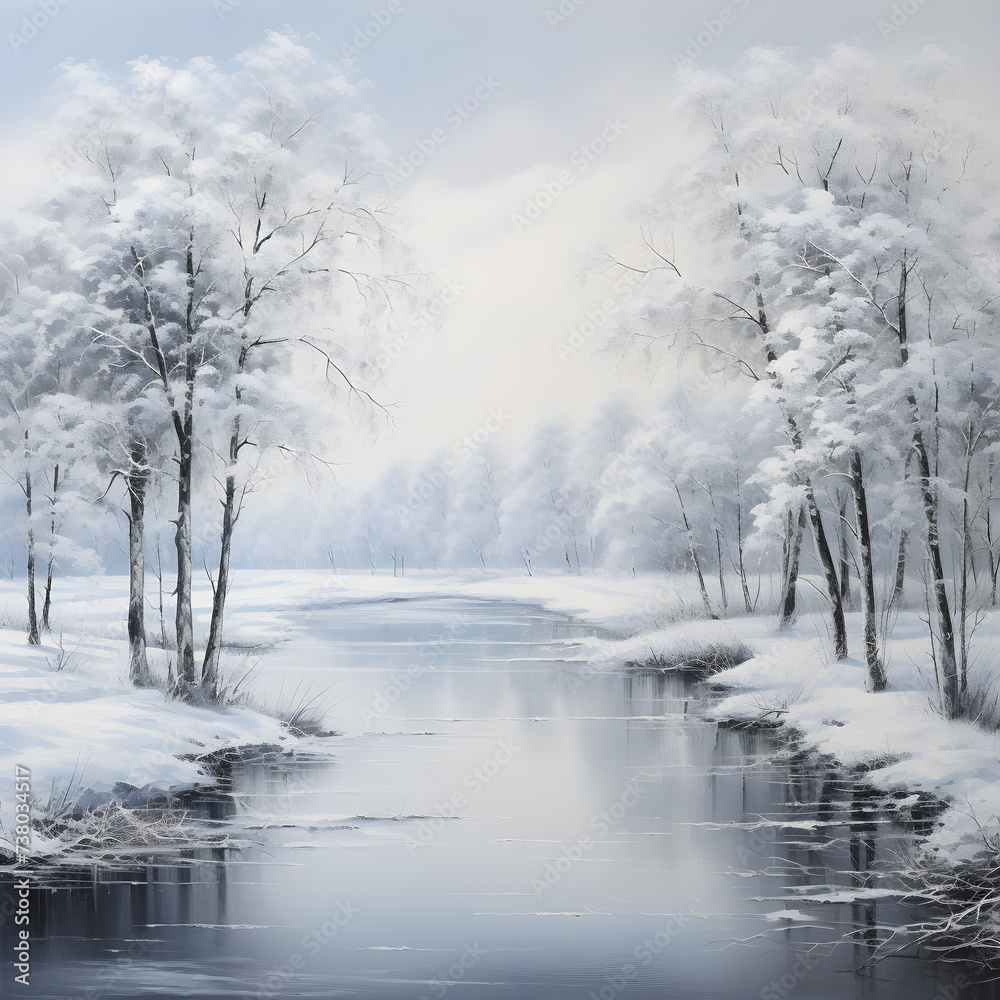 Serene Winter Solitude: A Pristine Frozen Lake Surrounded by a Snow-covered Forest