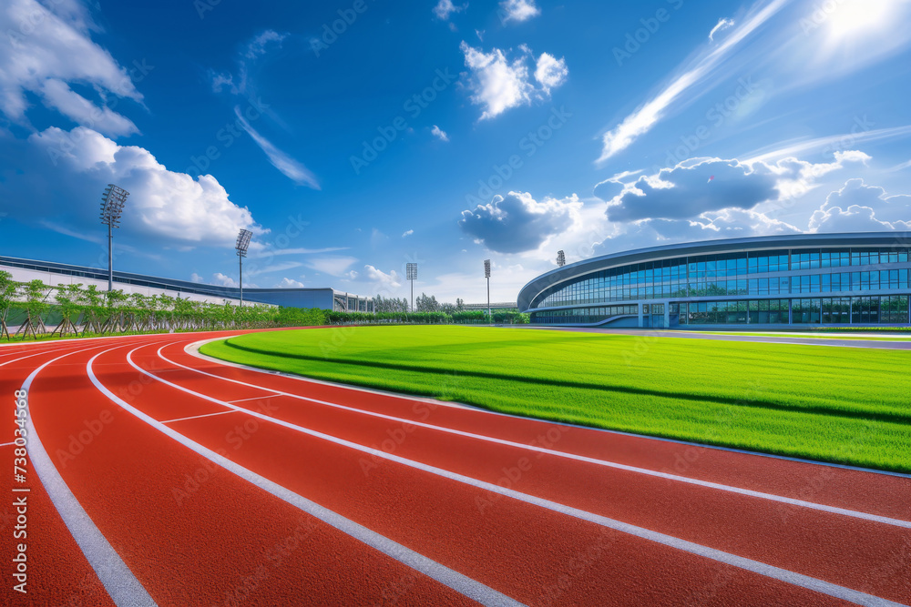 Running track race with green grass and beautiful sky background, empty runway, stadium arena for sport match. Running track race with green grass and beautiful sky background, empty runway, stadium arena for sport match.