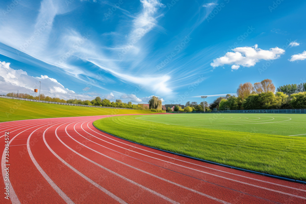 Running track race with green grass and beautiful sky background, empty ...