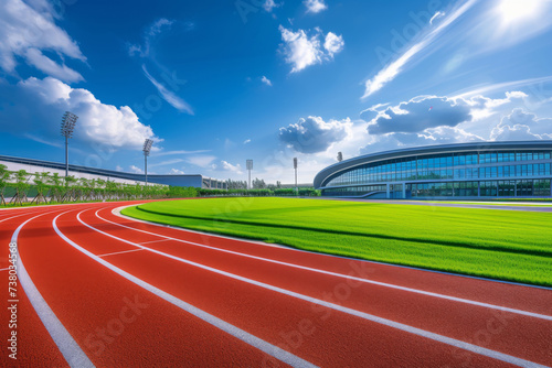Fototapeta Naklejka Na Ścianę i Meble -  Running track race with green grass and beautiful sky background, empty runway, stadium arena for sport match.