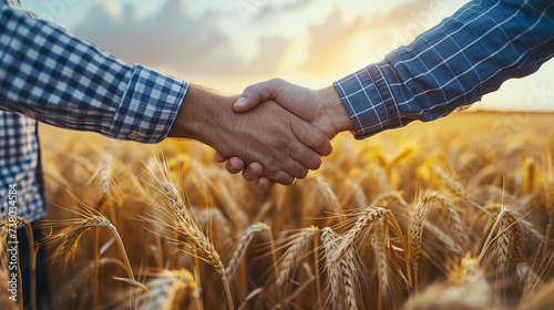 Close up of two men shaking hands in wheat field at sunny day
