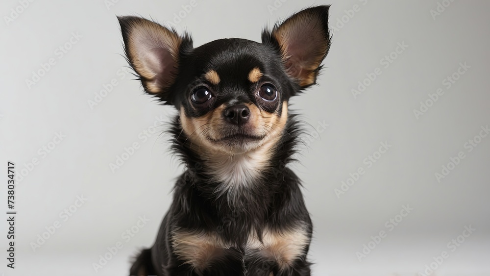 Primer plano de perro chihuahua, pelaje negro, atento, sobre fondo blanco 