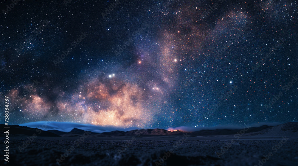 Brilliantly lit fireworks against the blurry expanse of the Milky Way