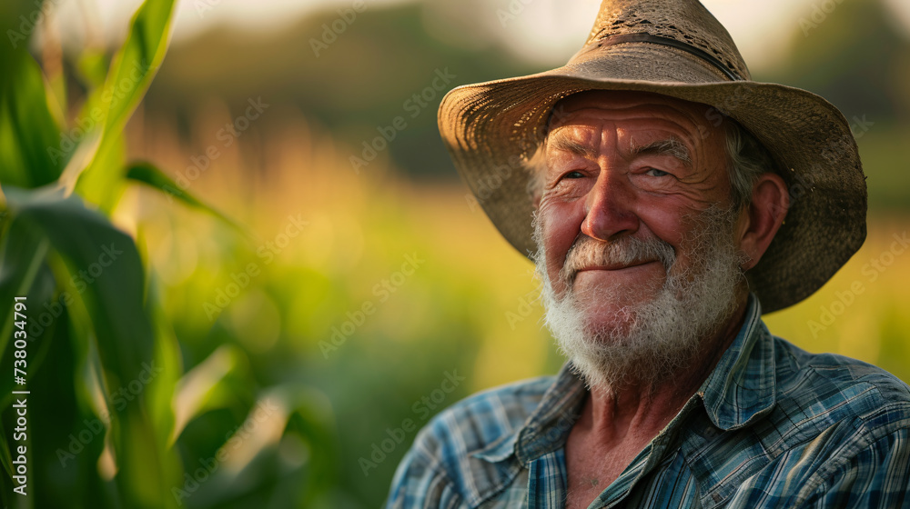 Portrait of a senior man in a corn field at sunset.