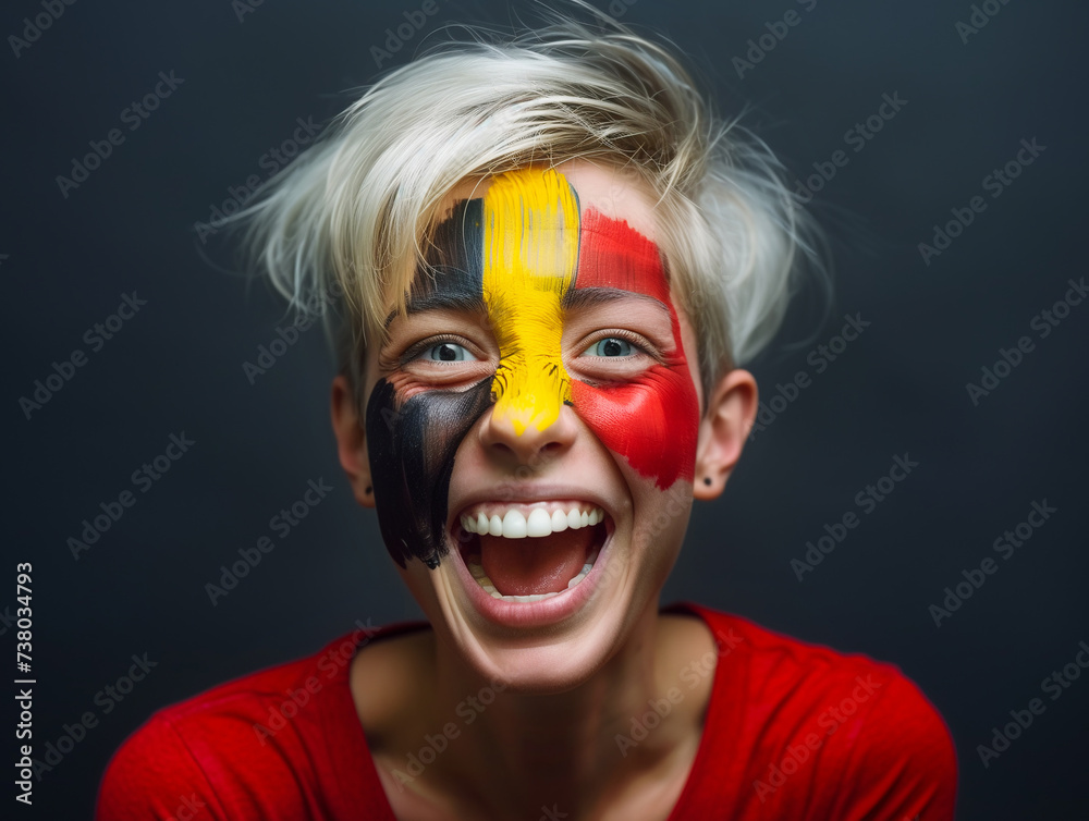 Beautiful girl as Euphoric National BELGIUM Team Fan with painted country flag colors face excited laughing and screaming straight at the camera. Active sports fans movement and human emotions.