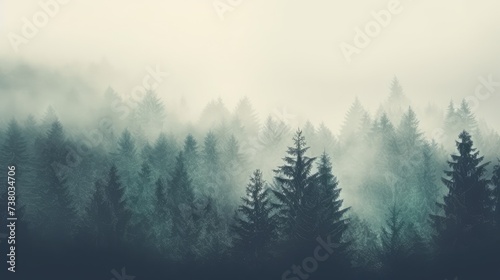 Misty Pine Forest Silhouette at Sunrise © evening_tao