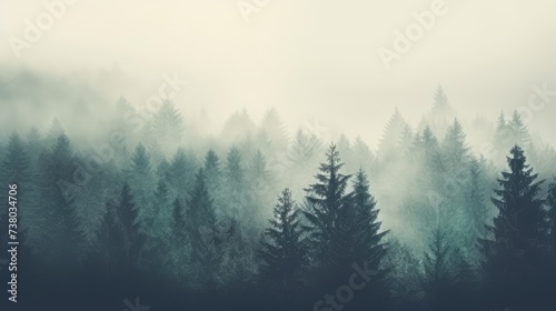 Misty Pine Forest Silhouette at Sunrise