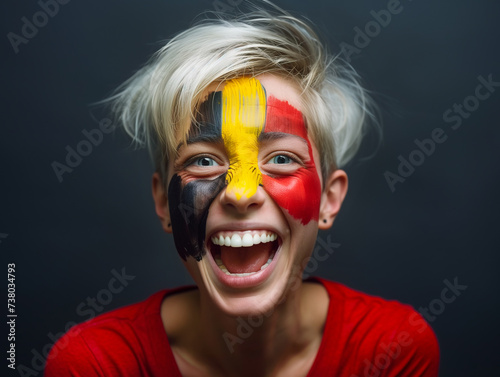 Beautiful girl as Euphoric National BELGIUM Team Fan with painted country flag colors face excited laughing and screaming straight at the camera. Active sports fans movement and human emotions.