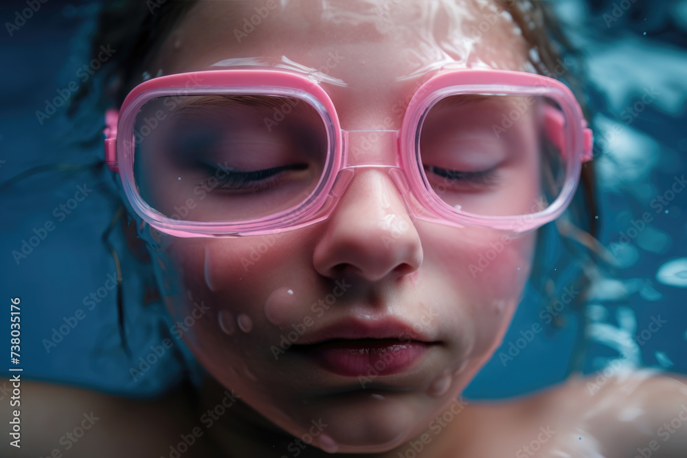 Tranquil underwater close-up of a child with pink goggles, eyes closed, encapsulating serene aquatic relaxation.