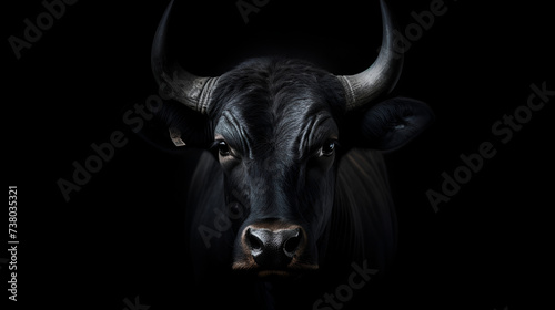 Black bull with horns standing in a dark room 
