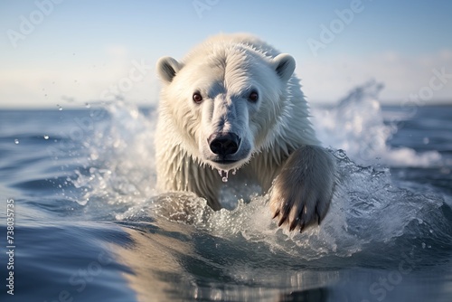 Polar bear swimming underwater looking at the camera close-up shot.