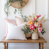 White Square Blank Throw Pillow Mockup Sitting on an Entryway Bench Surrounded by Spring Florals and Boho Decor