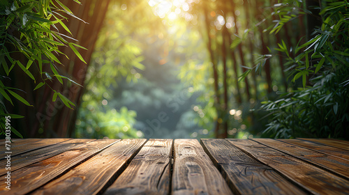 photo of an empty wooden table with a bamboo tree in the background photo