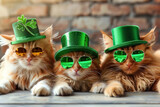 Three cute cats with green hats and sunglasses on Saint Patrick´s Day