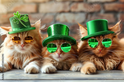 Three cute cats with green hats and sunglasses on Saint Patrick´s Day