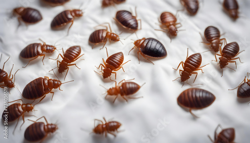 Addressing Bedbug Infestation: Top View of a Bedbug Colony on a White Sheet in the Bedroom photo