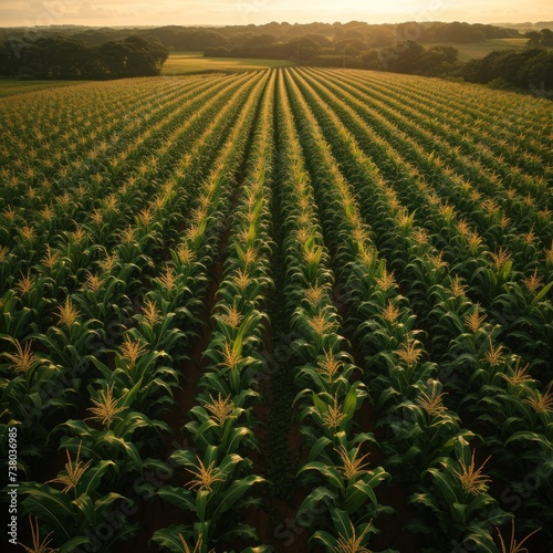 Top down view of soon to be harvested corn on the cob crops seen in rows in a farm in East Anglia, UK Fototapeta