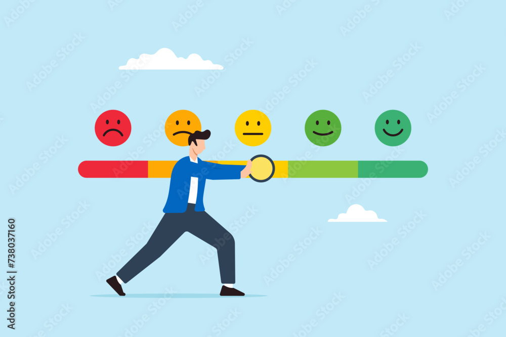 Man trying to push customer feedback bar to be excellent smile Man trying to push customer feedback bar to be excellent smile