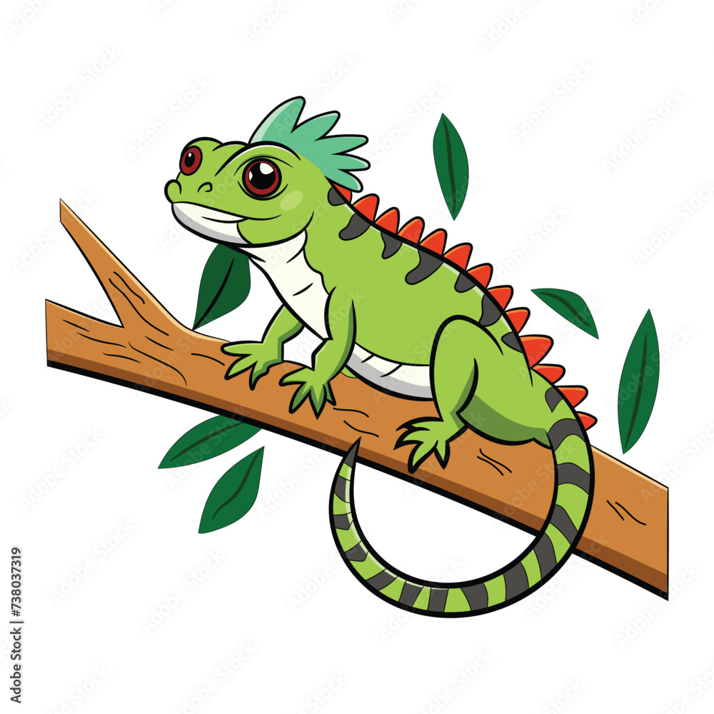 Fototapeta premium Vector cute iguana on a tree branch cartoon illustration
