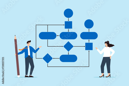Business people collaborating on workflow process drawing
