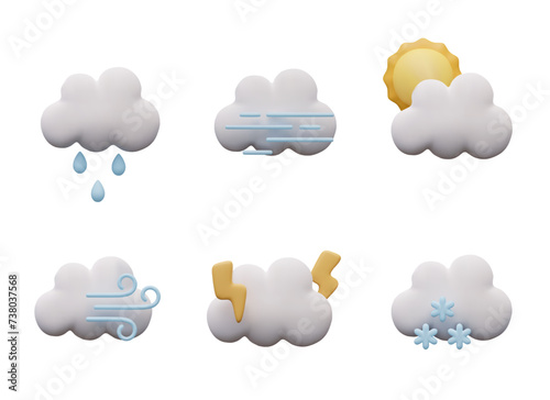 Set of 3D weather symbols on white background. Cloud with rain, sun, fog, wind, lightning, snow
