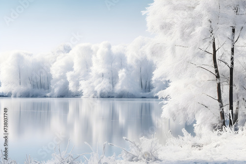 Serene Winter Solitude: A Pristine Frozen Lake Surrounded by a Snow-covered Forest © Catherine