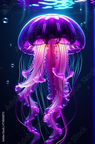 Bright neon jellyfish in the sea underwater.