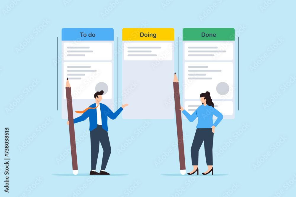 Business people review project progress on kanban board