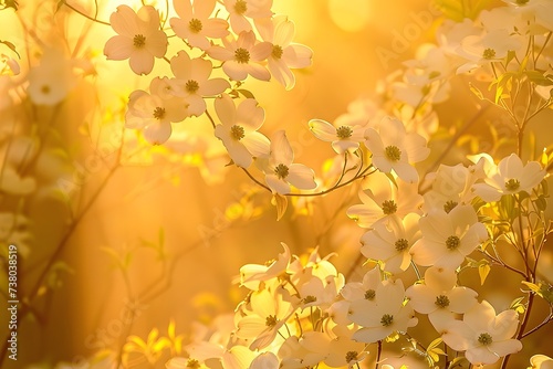 Radiant Dawn: Dogwood Trees Embracing Ethereal Beauty in Golden Sunlight