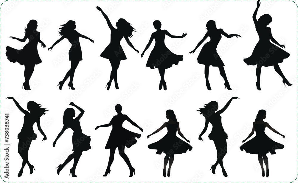 Obraz premium Dancing Women silhouettes, Vector silhouettes of girls dancing in different positions, Woman dancing silhouette vector illustration, Vector silhouette of a woman dancing