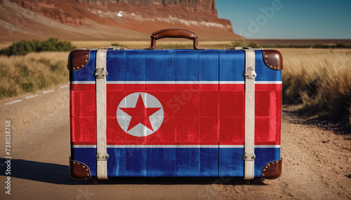 Vintage suitcase with North Korea flag. Travel and tourism concept.