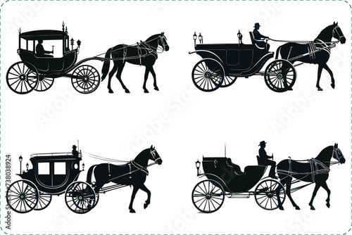 Silhouettes of carriage and horse, Carriage Silhouettes,  black silhouettes of carriage and horse isolated on a white background photo