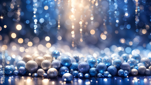 glowing blue glitter gold silver glitter ball on floor with bokeh particle abstract background photo