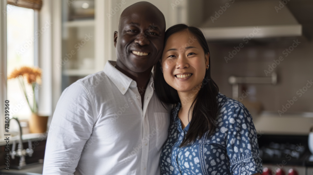 Multiracial couple enjoying a moment in the kitchen with warm lighting Multiracial couple enjoying a moment in the kitchen with warm lighting