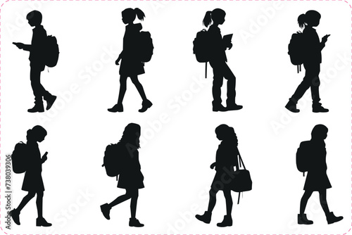Silhouettes of School Kids isolated on a white background, Little Boy and Girl silhouette, School children silhouettes