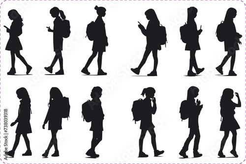 Silhouettes of School Kids isolated on a white background, Little Boy and Girl silhouette, School children silhouettes