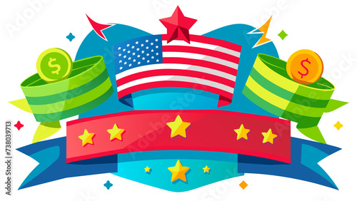 Flat illustration symbolizing business in the USA. The image shows flags  a dollar symbol and a ribbon for text.